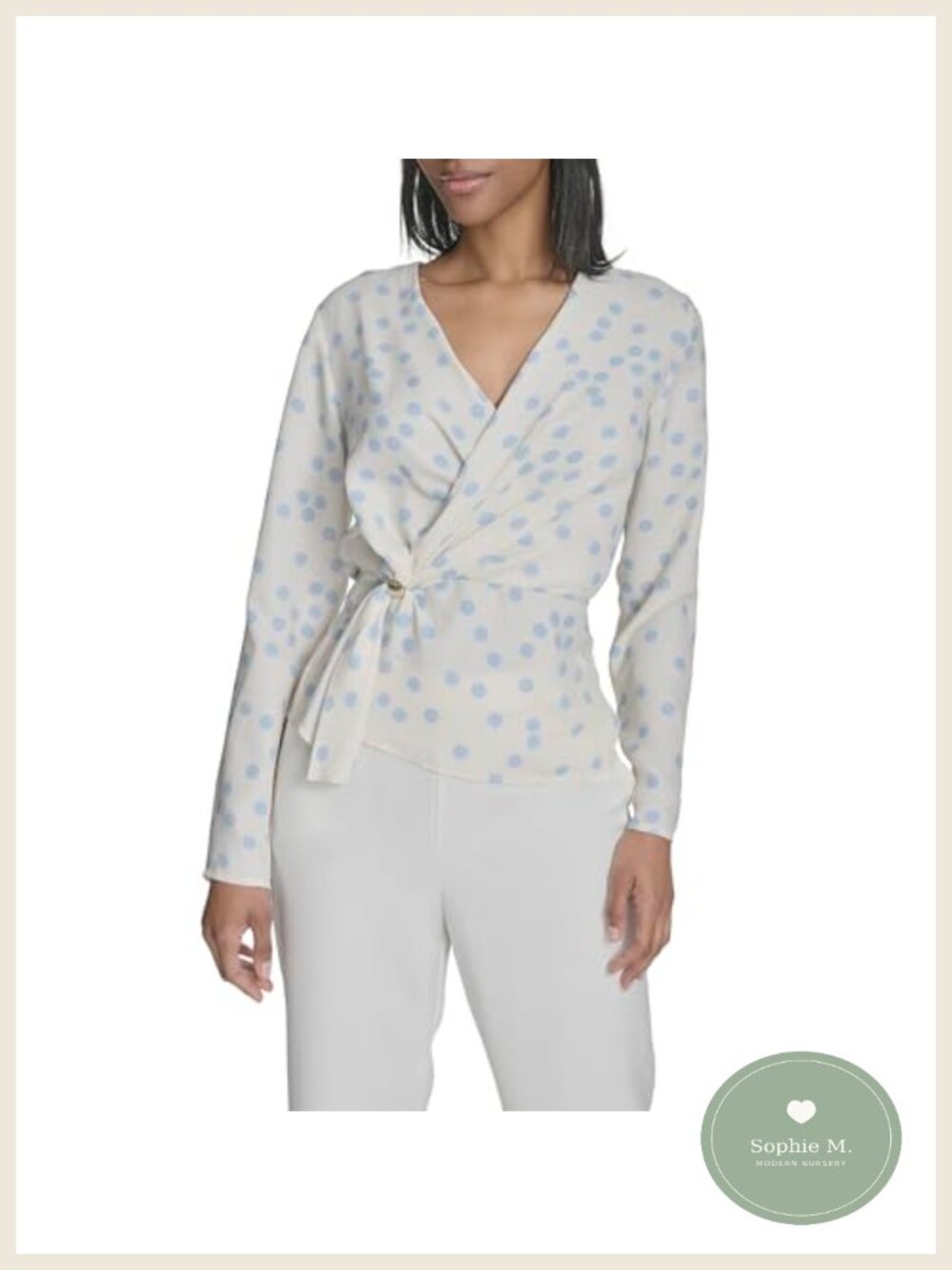 Women's Long Sleeve Wrap Polka Dot Blouse with Hardware